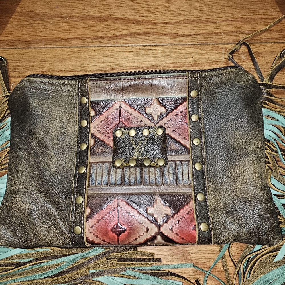 Western Brown and Teal Crossbody Bag with Fringe - Picture 5 of 10